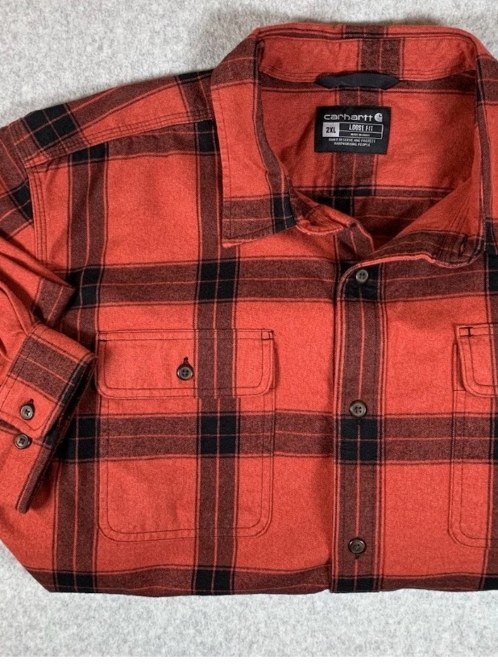 Carhartt Mens XL Tall Heavyweight Loose Fit RED Plaid Flannel Shirt Outdoors